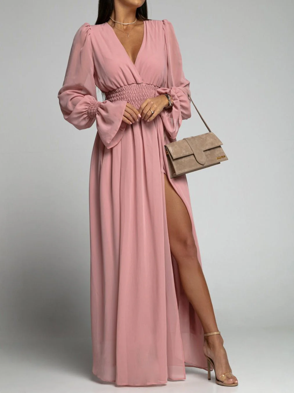 V-Neck Elastic Waist Long Sleeve Slit Dress - Image 2