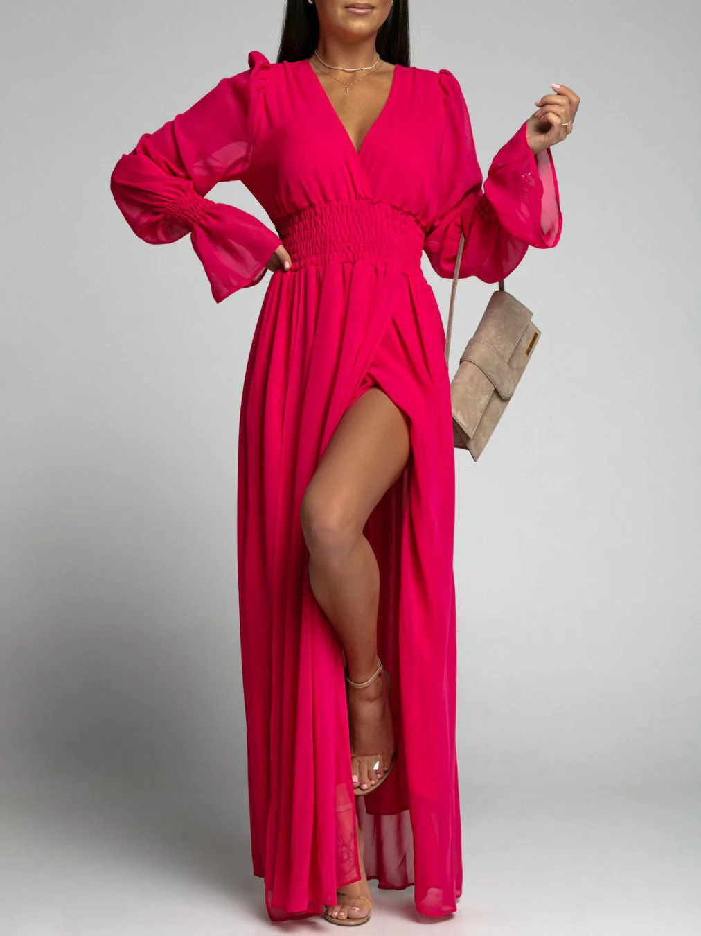 V-Neck Elastic Waist Long Sleeve Slit Dress - Image 3