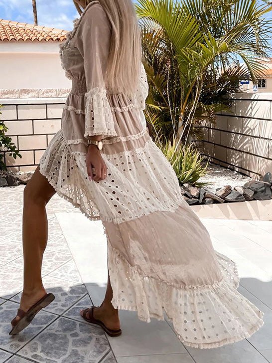 V-Neck Lace Panel Ruffle Irregular Dress - Image 3
