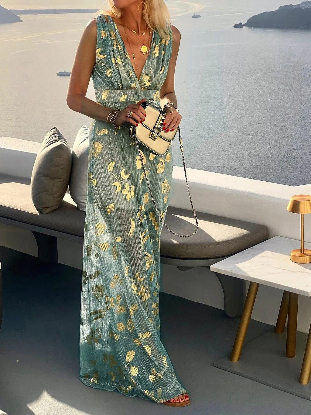 V-Neck Print Hot Stamping Maxi Dress - Image 7