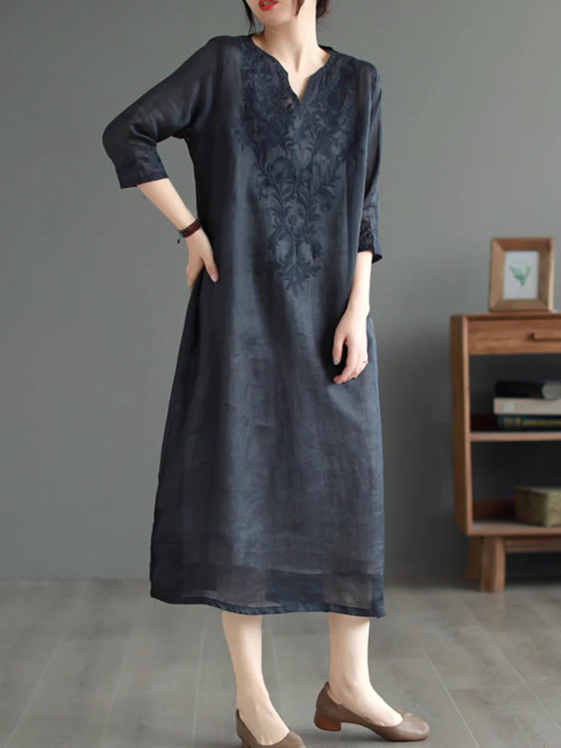 Embroidered Over-the-knee long Midi Dress - Image 6
