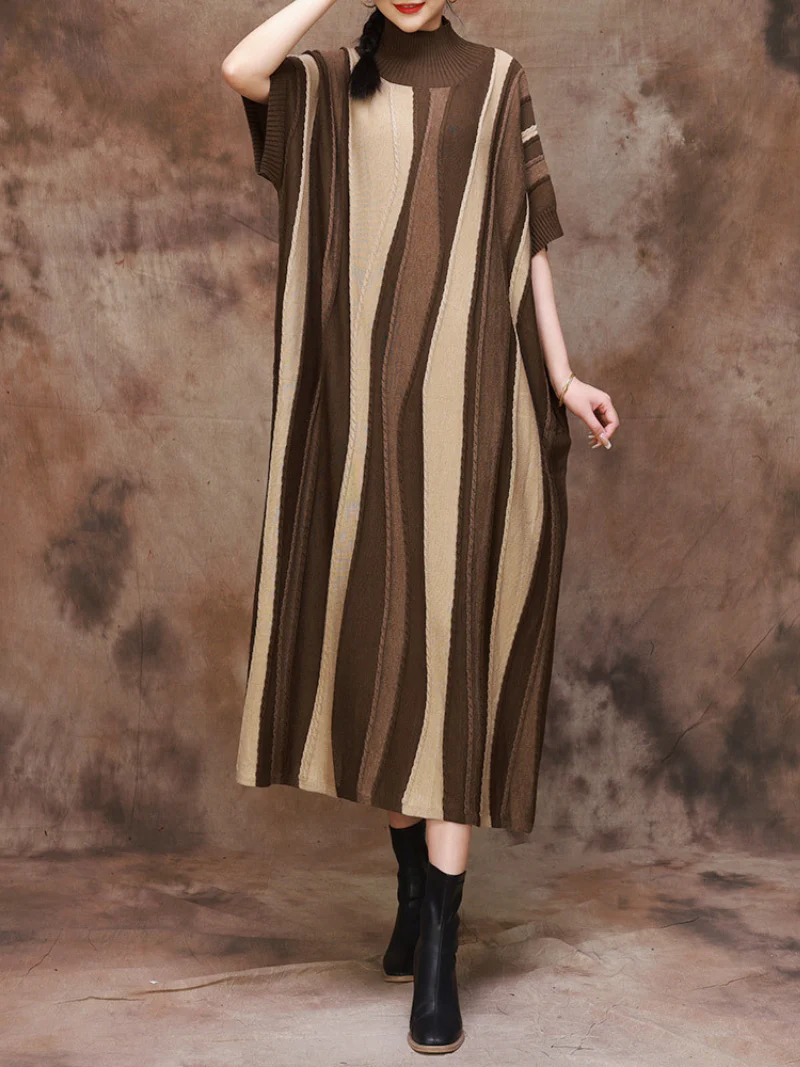 Evening Glamour Half High Collar Pattern Midi Dress - Image 3
