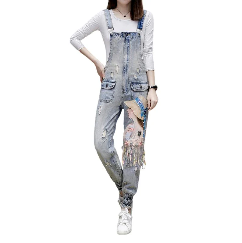 Women's head embroidery denim jumpsuit - Image 2