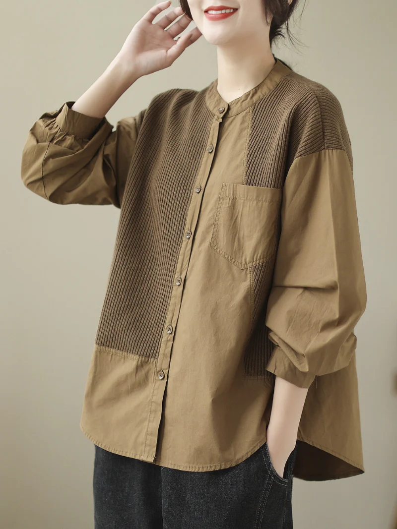 Knitted Loose Literary Retro Cotton Color Matching Shirt - Image 6