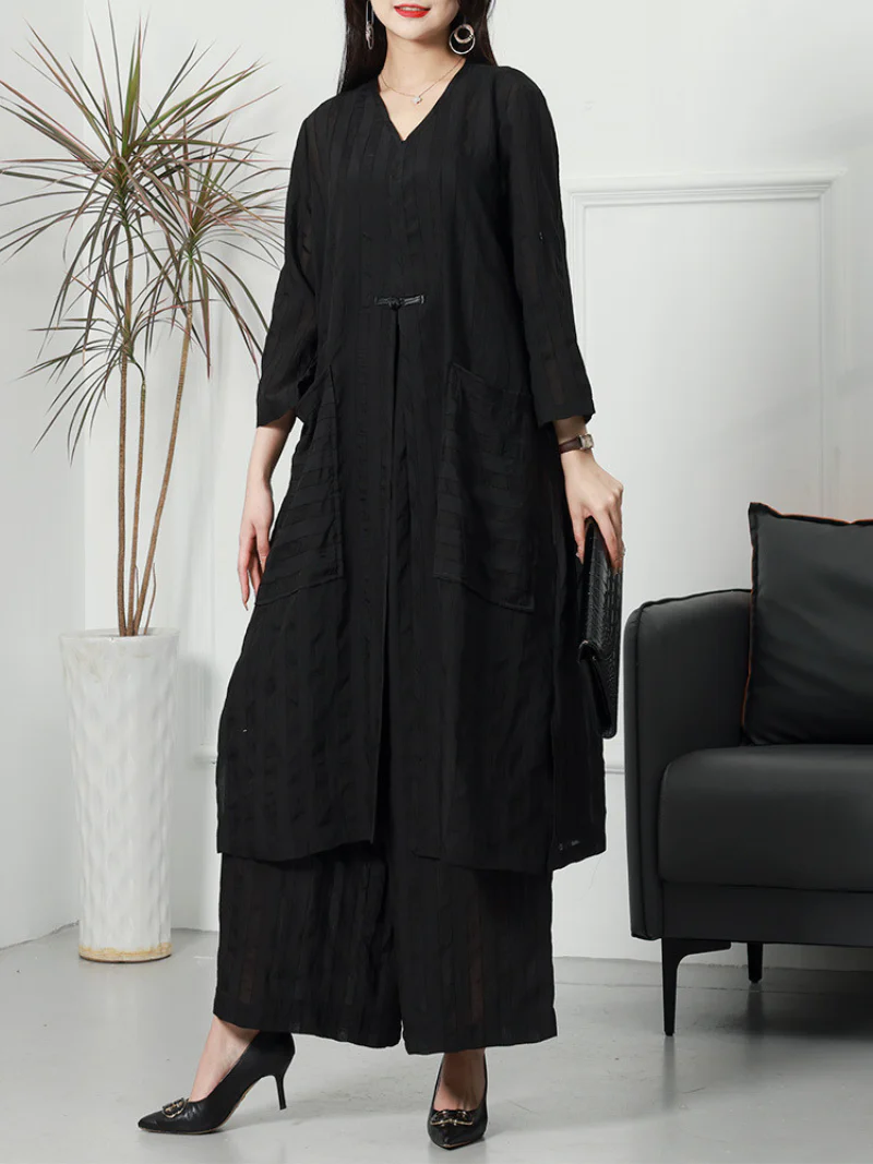 Summer Large-Size Striped Cardigan Two-Piece Co-Ords Set