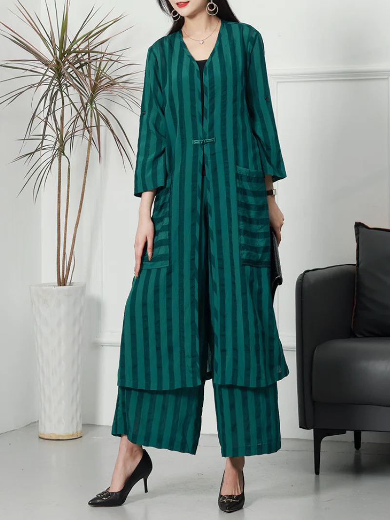 Summer Large-Size Striped Cardigan Two-Piece Co-Ords Set - Image 2