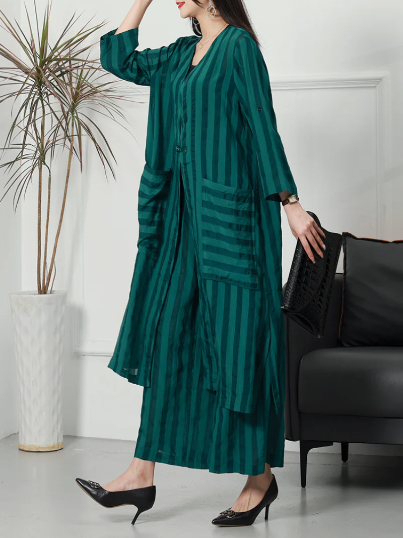 Summer Large-Size Striped Cardigan Two-Piece Co-Ords Set - Image 8