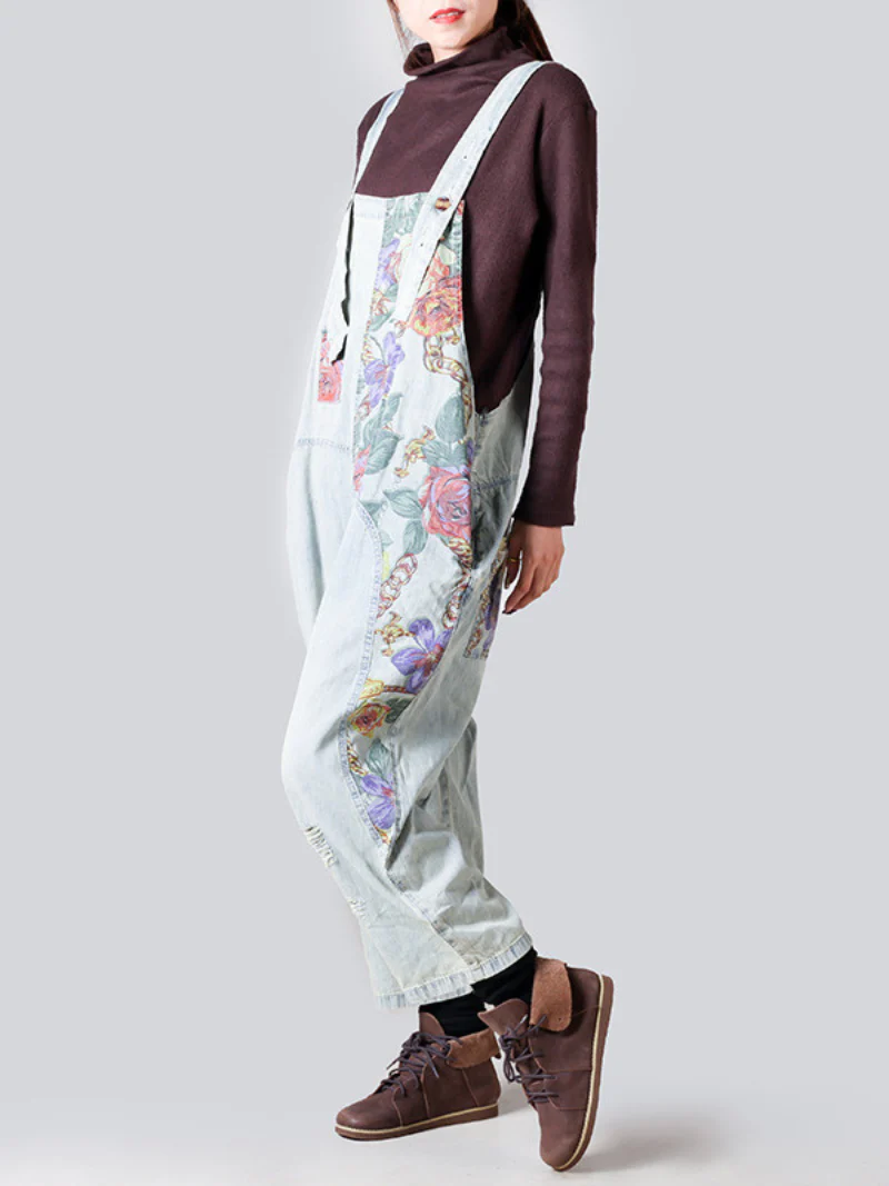 Female Loose Fitting Denim Overall Jumpsuits Wide-Leg Pocket Overalls - Image 6