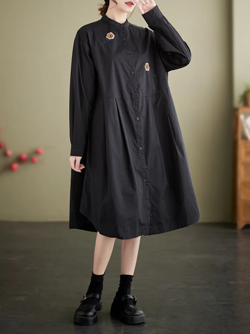 Fashionable Embroided Loose Stand-Up Collar Shirt Dress - Image 3