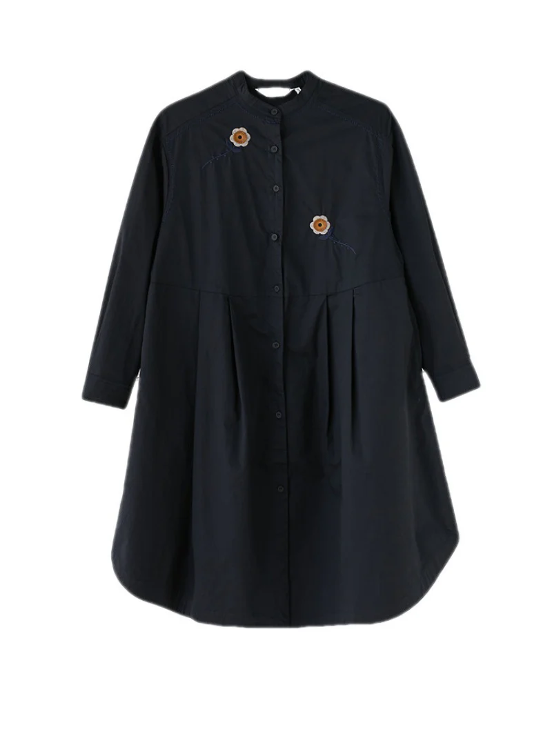 Fashionable Embroided Loose Stand-Up Collar Shirt Dress - Image 7