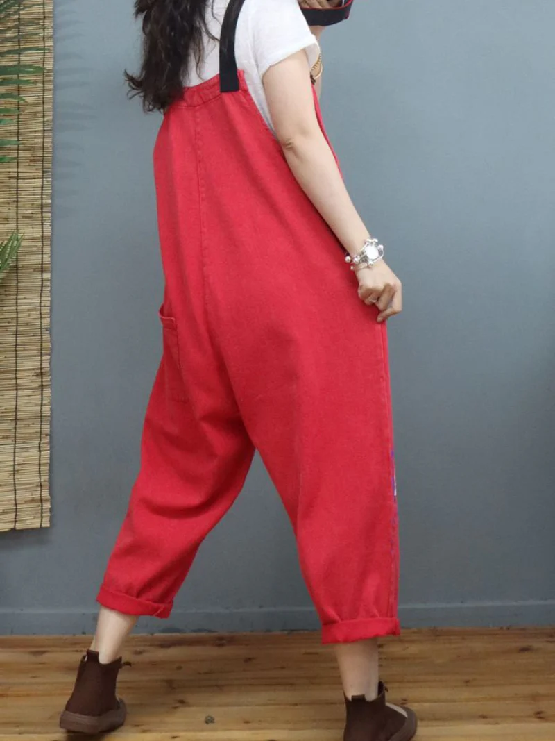 New Stylish Print Denim Loose High Waist Dungarees Overalls - Image 4