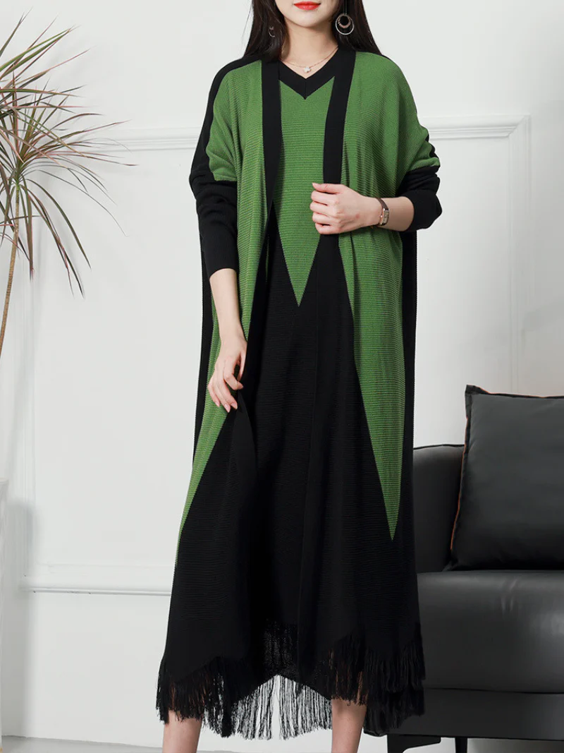 Pure Polyester V-neck Knitted Cardigan Long Sleeves Midi-Dress - Image 7