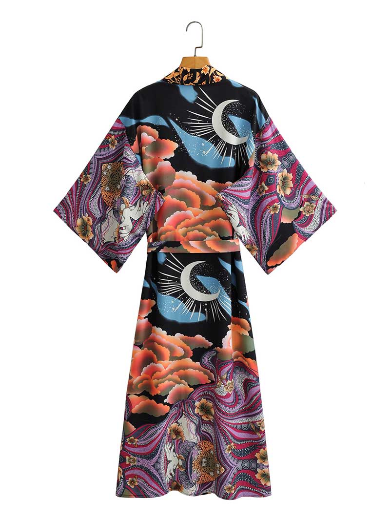 Partywear Long Kimono Floral + Moon Print Multicolor Polyester Gown Robe Kimono Duster Robe - Image 2