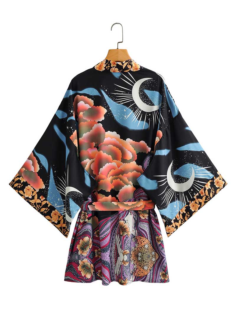 Short Gown Kimono Floral Print Multicolor Polyester Gown Kimono Duster Robe - Image 2