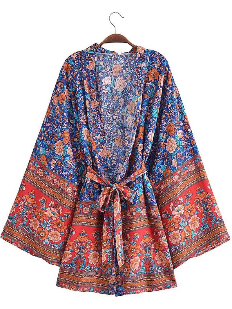 Short Kimono With Floral Print Blue, Pink, & White Color Gown Kimono Robe