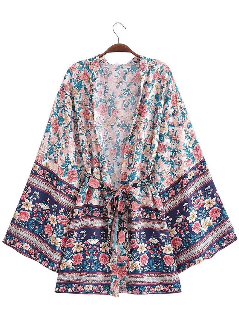 Short Kimono With Floral Print Blue, Pink, & White Color Gown Kimono Robe - Image 3