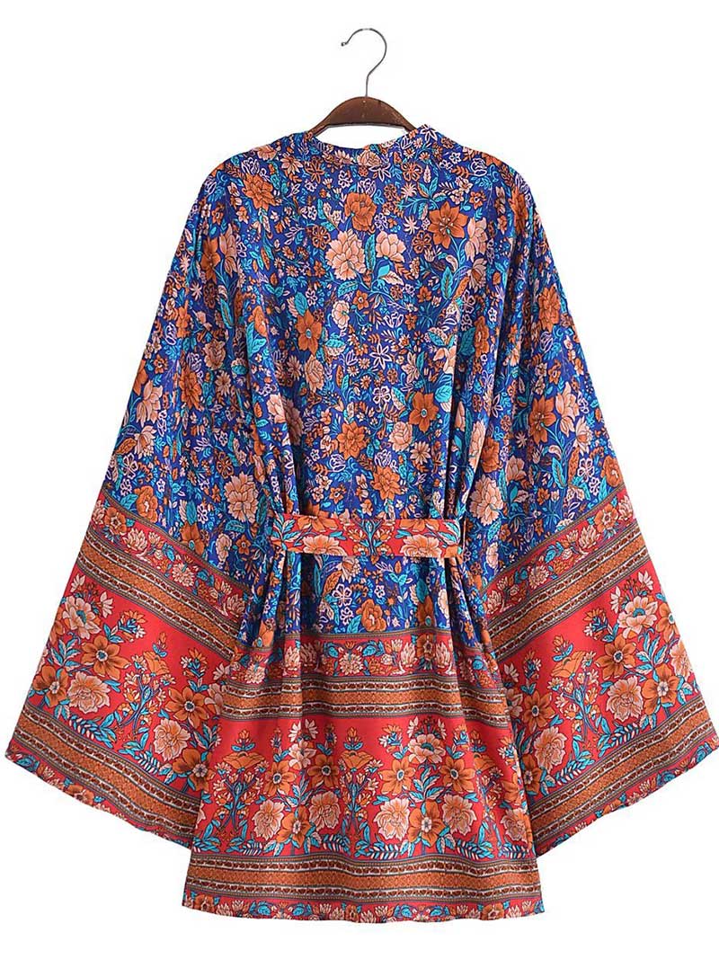 Short Kimono With Floral Print Blue, Pink, & White Color Gown Kimono Robe - Image 4