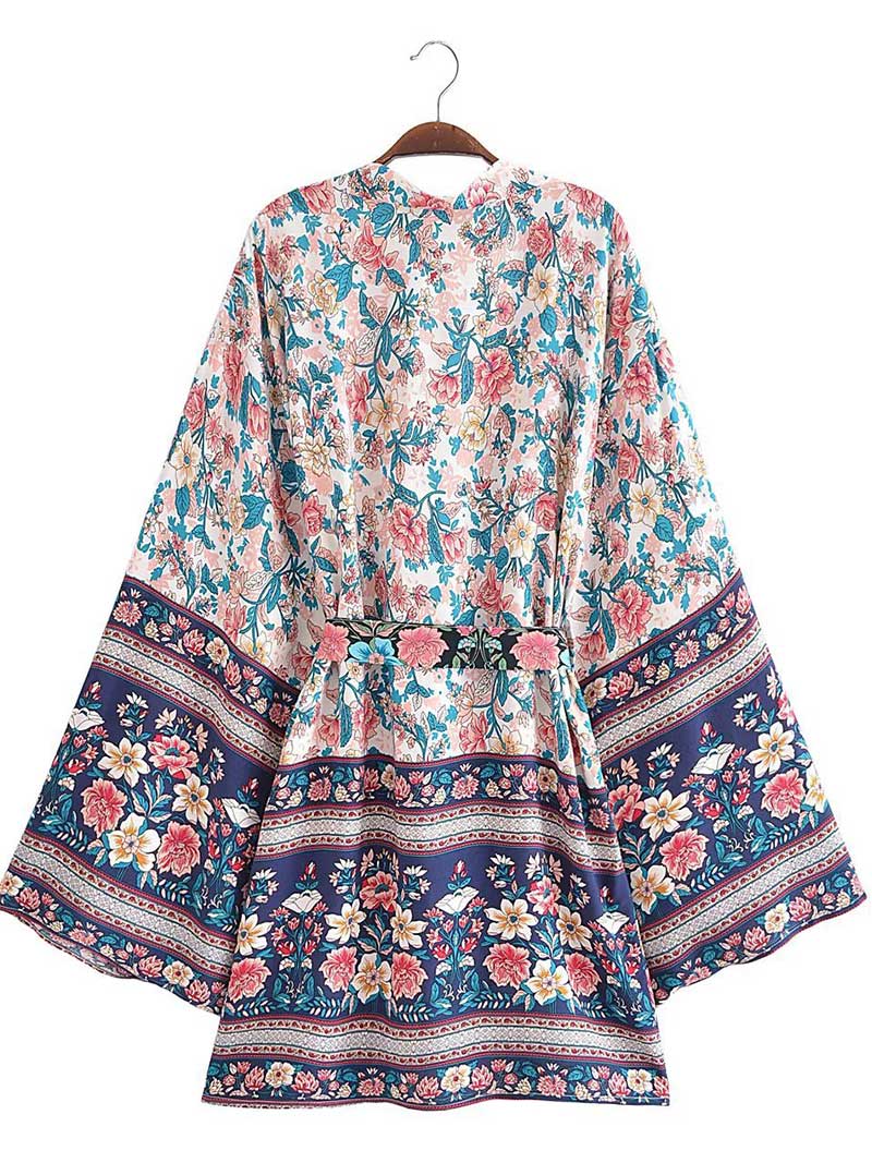 Short Kimono With Floral Print Blue, Pink, & White Color Gown Kimono Robe - Image 6