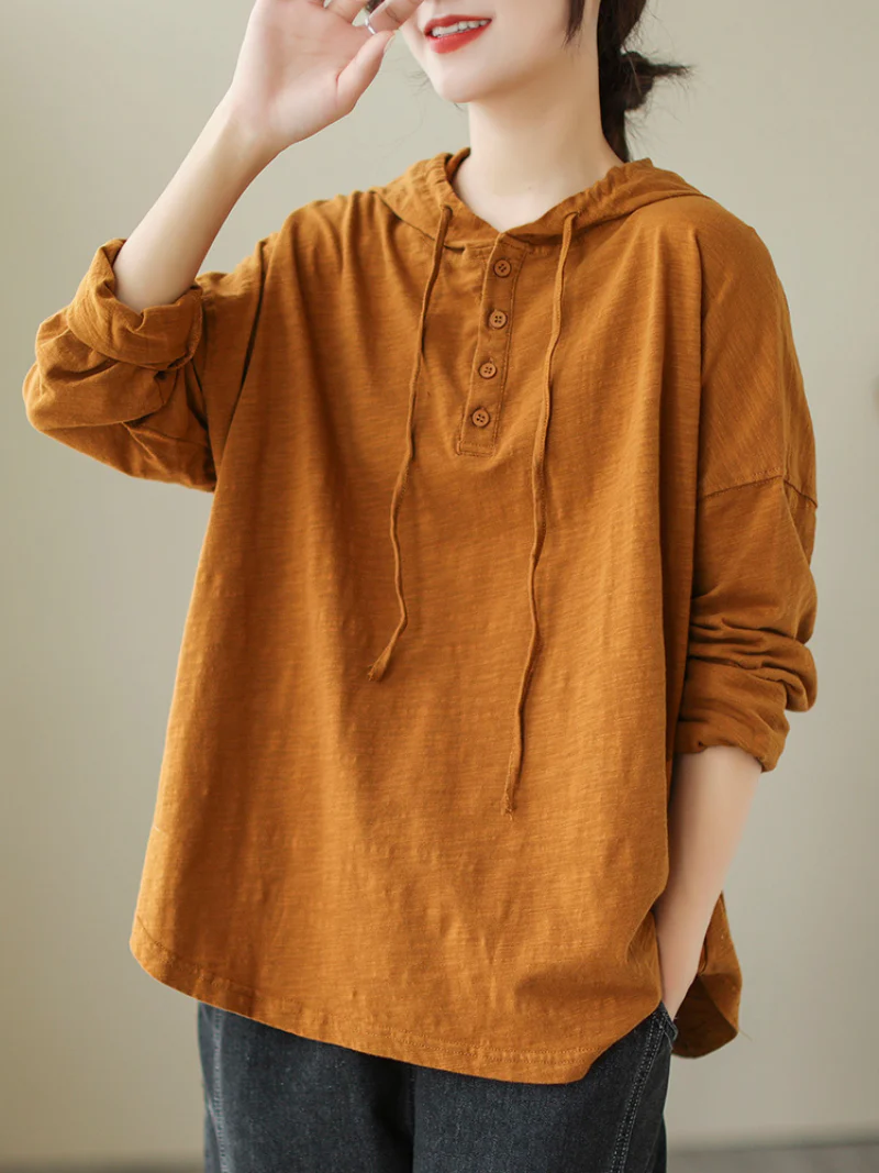 Solid Color Loose Large Size Long-Sleeved T-shirt Casual Hooded T-shirt Top - Image 2