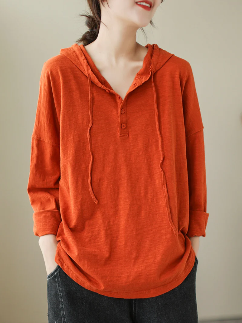 Solid Color Loose Large Size Long-Sleeved T-shirt Casual Hooded T-shirt Top - Image 3