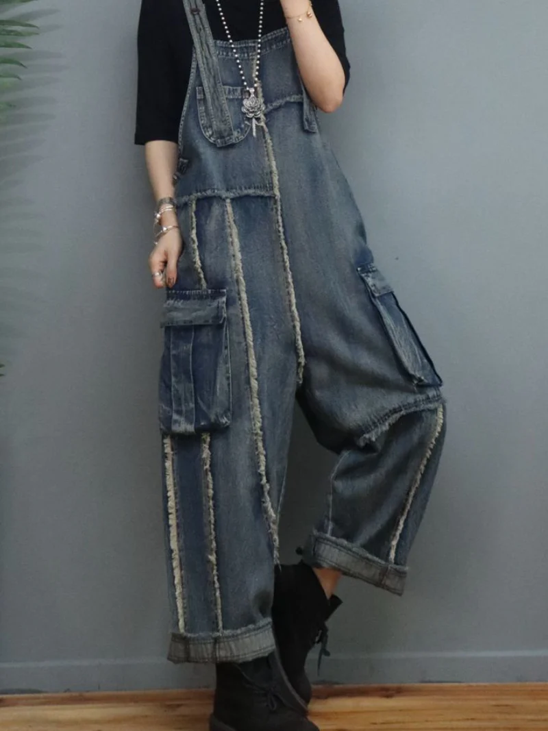 Denim Loose Thin High-Waist Overalls - Image 3