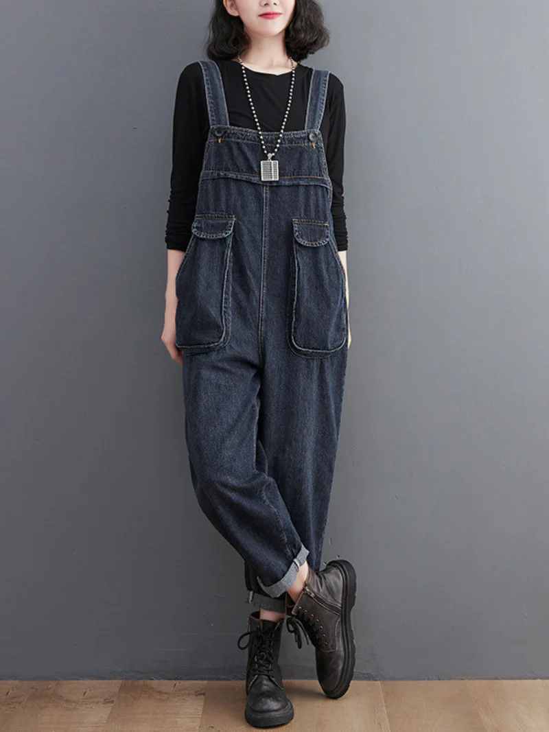 Literary Retro Large Size Loose Black Denim Overalls - Image 3