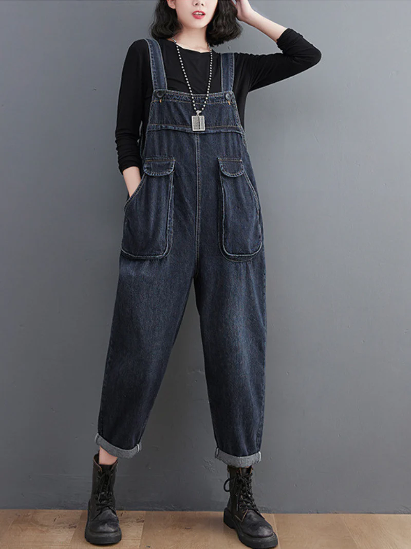 Literary Retro Large Size Loose Black Denim Overalls - Image 4