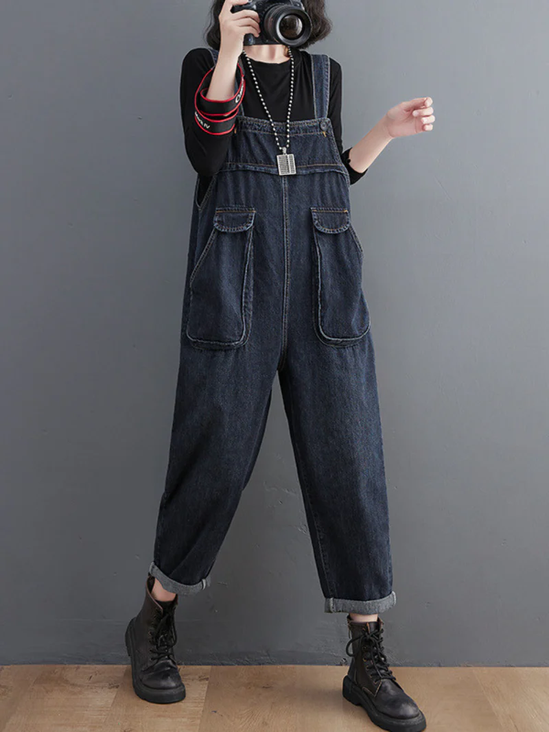 Literary Retro Large Size Loose Black Denim Overalls - Image 5