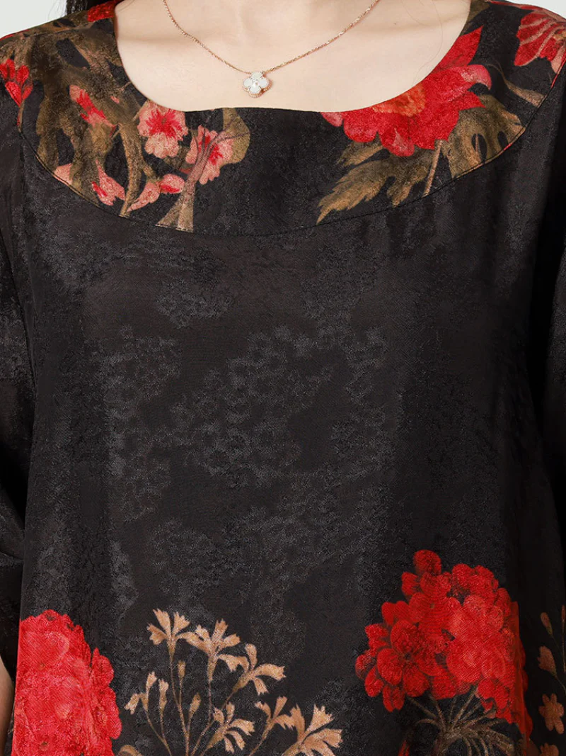 Summer Rayon Round Neck Flowers Print Loose Midi-Dress - Image 3