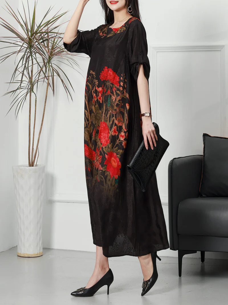Summer Rayon Round Neck Flowers Print Loose Midi-Dress - Image 6