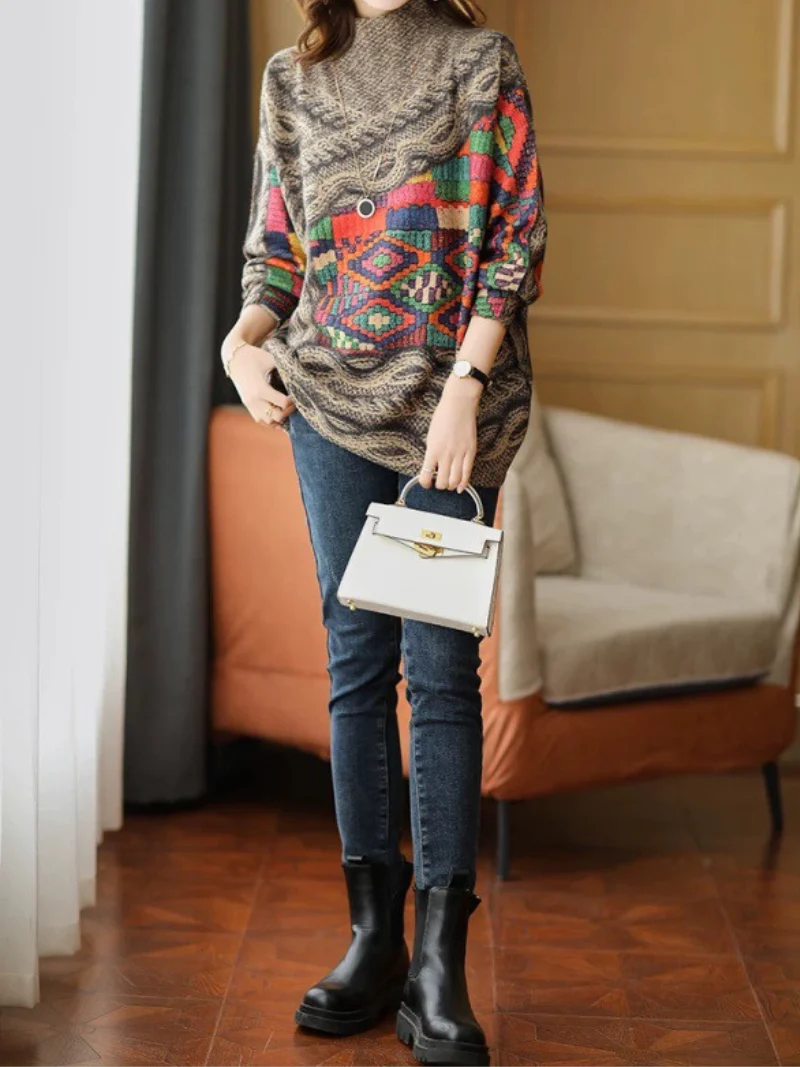 Thickened Knitted Loose Half-High Collar Long-Sleeved Sweater - Image 2