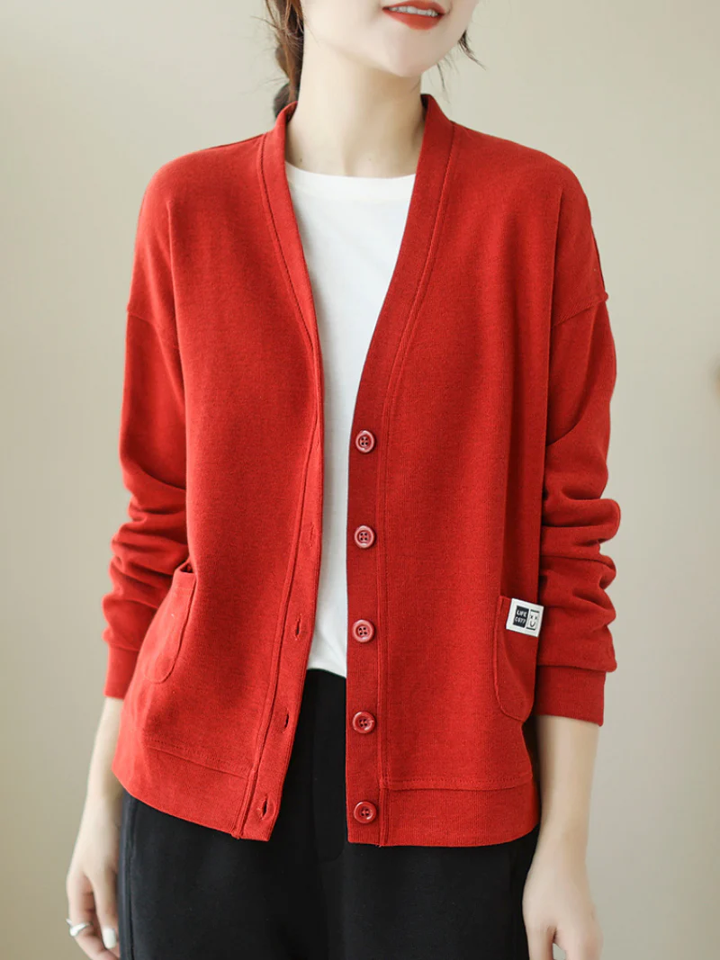 V-Neck Long-Sleeved Sweater Top Loose Solid Color Cardigan Button Sweater Jacket - Image 4