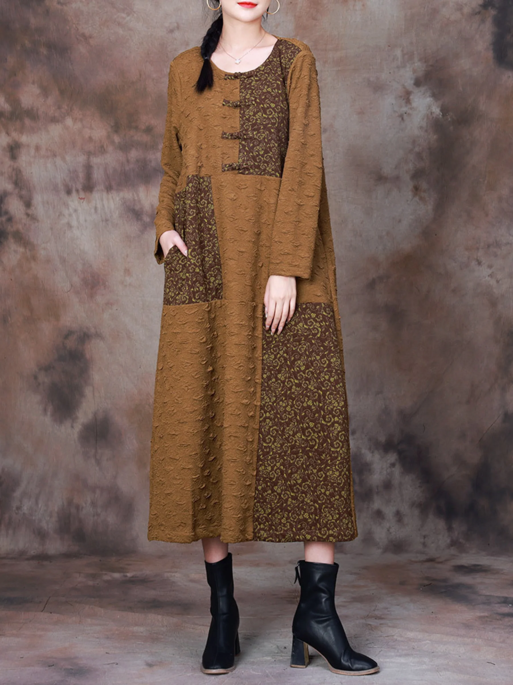 Versatile Autumn Printed Side Pockets Midi Dress - Image 5