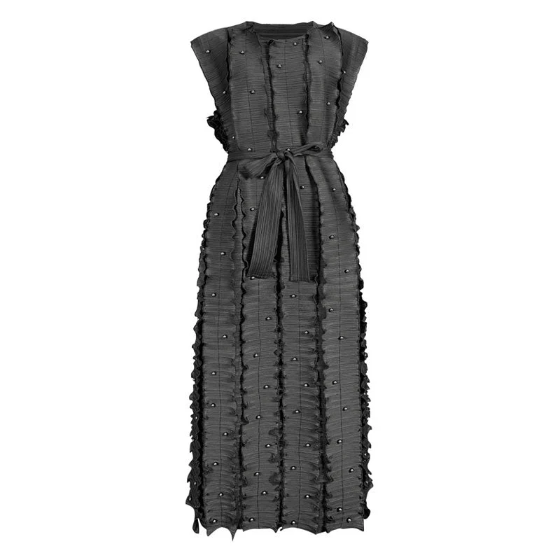 Wonderful Round Neck Beaded Detail Belted Ruffled Sleeveless Pleated Midi Dress - Image 2