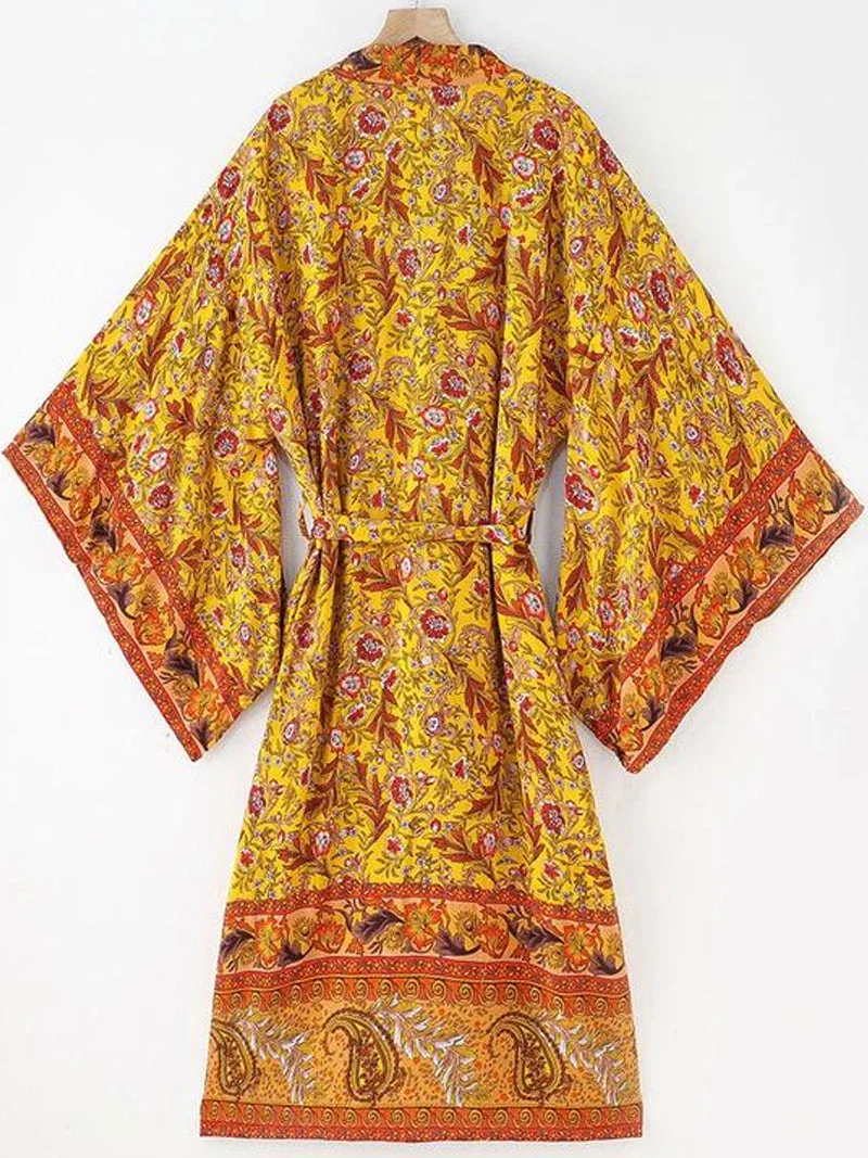 Nightwear Cotton Long Length Floral Print Yellow Color Gown Kimono Duster Robe - Image 2
