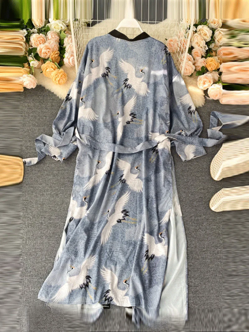 Work of Art Print Blue Color Polyester Long Length Gown Kimono Duster Robe - Image 2