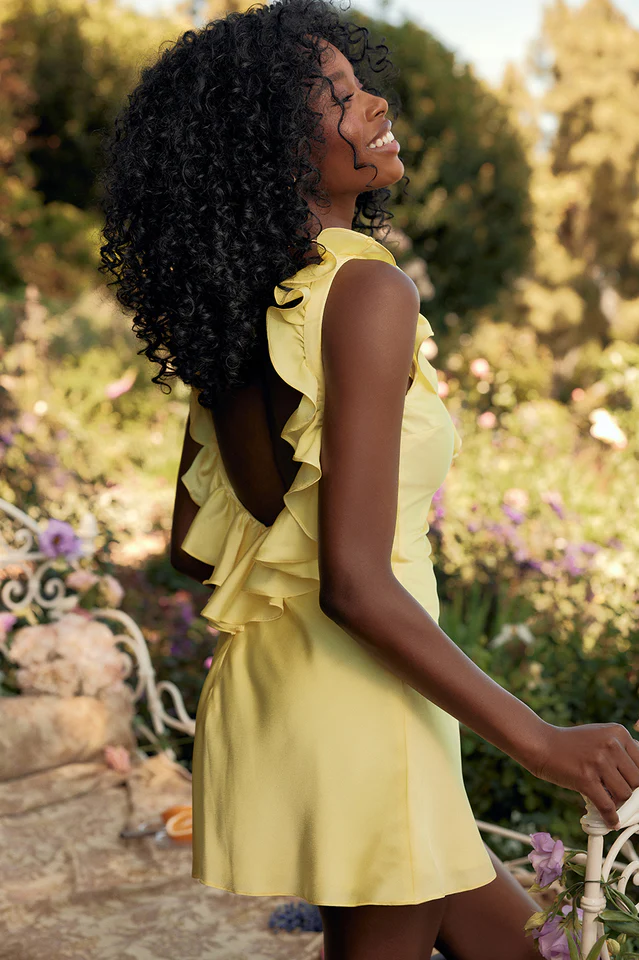 Yellow Silk Satin Ruffle Mini Dress - Image 7