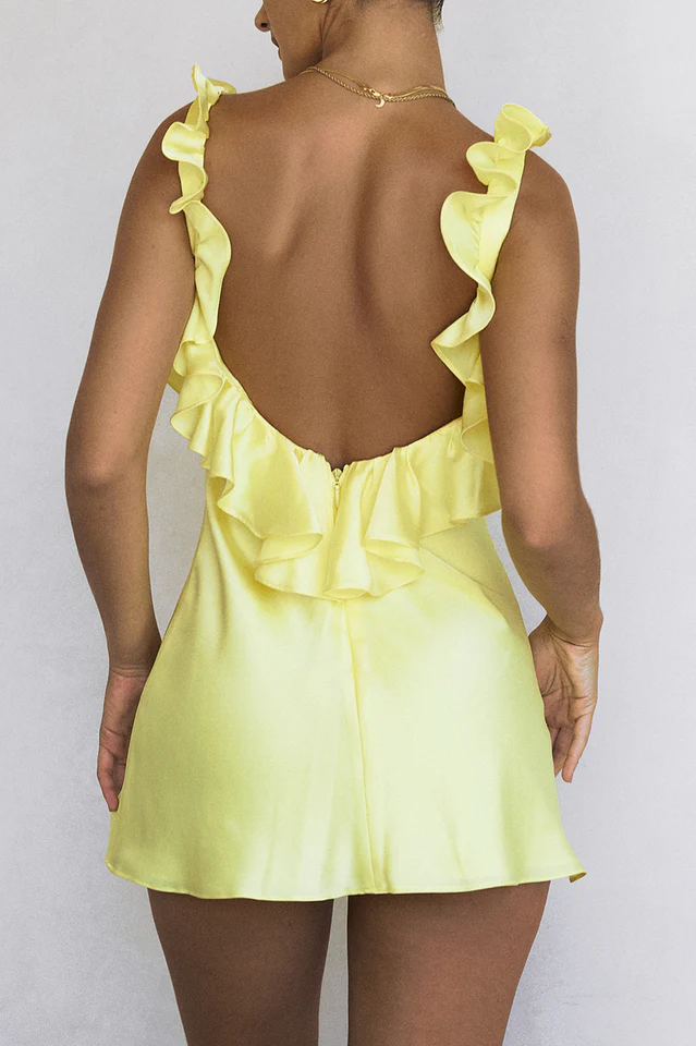 Yellow Silk Satin Ruffle Mini Dress - Image 9