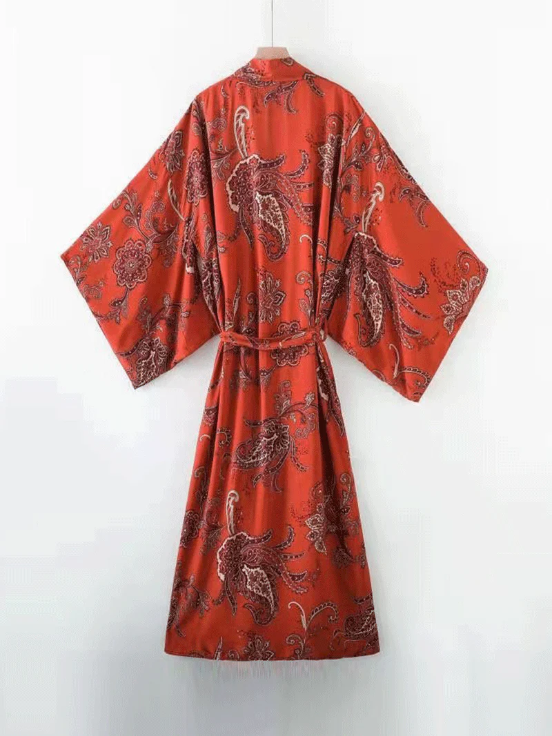 Nightwear Paisley Print Red Color Polyester Long Length Gown Kimono Duster Robe - Image 2